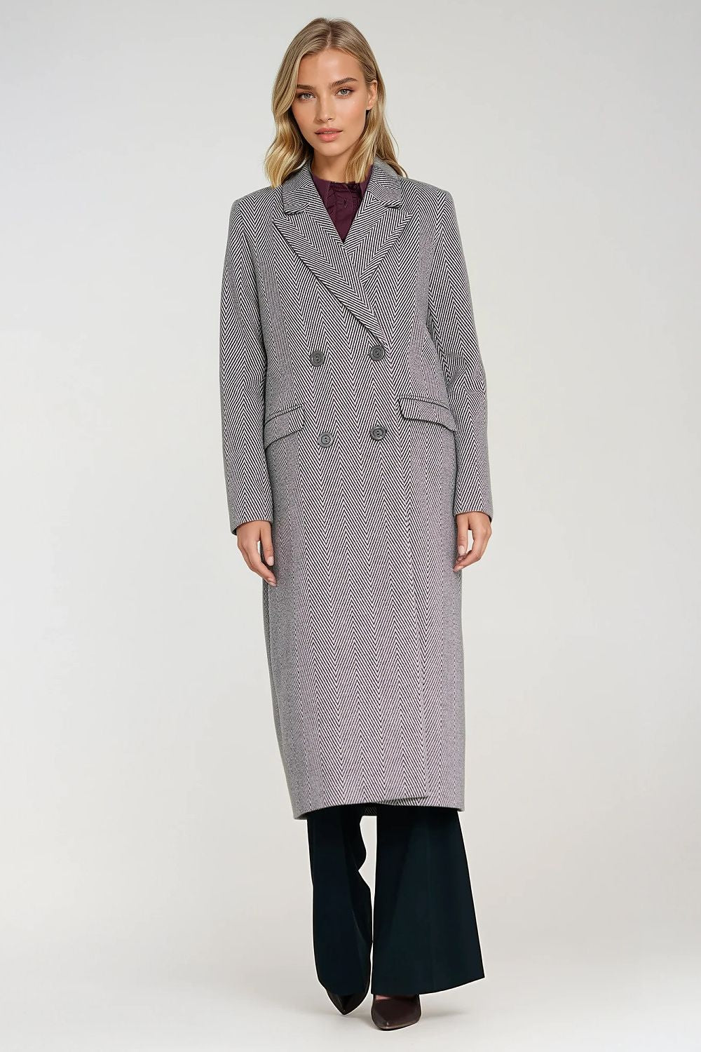 Abrigo Mujer Largo Espiga Doble Botonadura – Gris Jaspeado – detalle 3 | DOMELVA