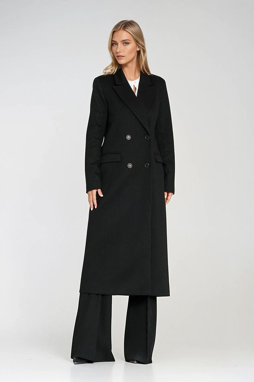 Abrigo Mujer Largo Espiga Doble Botonadura – Negro – detalle 3 | DOMELVA
