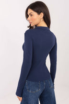 Blusa Mujer Ajustada Algodón Cuello Camisero Manga Larga – Azul Marino – detalle 3 | DOMELVA