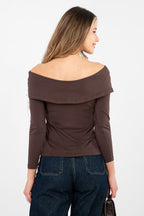 Blusa Mujer Ajustada Algodón Escote Barco – Marrón Visón Oscuro – detalle 3 | DOMELVA