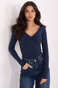 Blusa Mujer Ajustada Algodón Escote V Lazada – Azul Tinta | DOMELVA