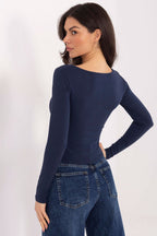 Blusa Mujer Ajustada Algodón Escote V Lazada – Azul Tinta – detalle 3 | DOMELVA