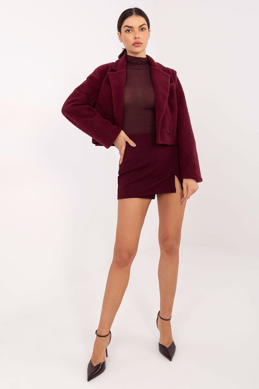 Blusa Mujer Ajustada Cuello Alto Manga Larga – Rojo Granate – detalle 4 | DOMELVA