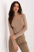 Blusa Mujer Ajustada Punto Cuello Cisne Encaje – Beige Camello | DOMELVA