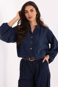 Blusa Mujer Camisera Holgada Cuello Alzado Botones – Azul Tinta | DOMELVA