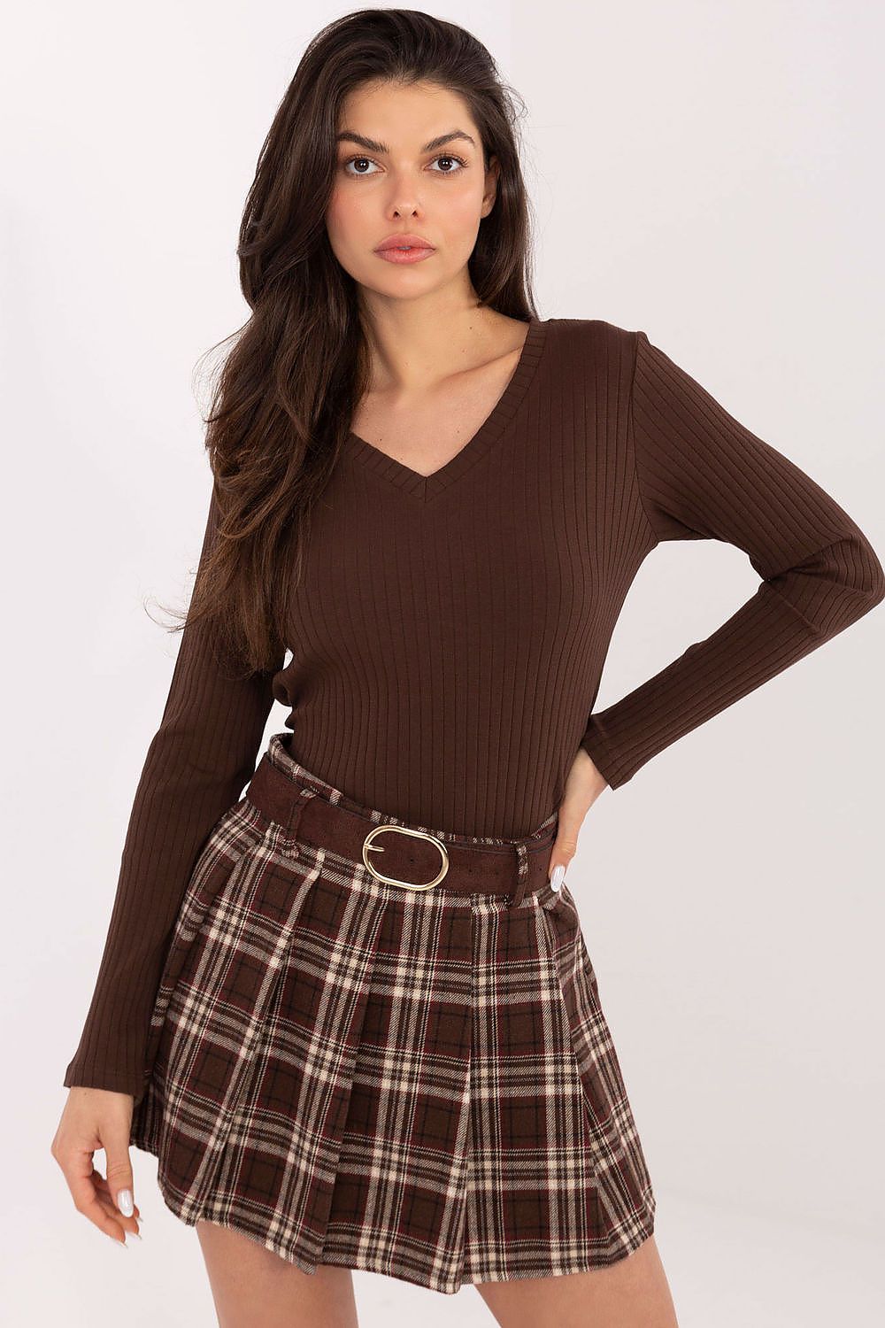 Blusa Mujer Canalé Escote V Manga Larga – Marrón Caoba | DOMELVA