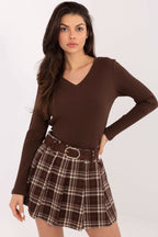 Blusa Mujer Canalé Escote V Manga Larga – Marrón Caoba | DOMELVA