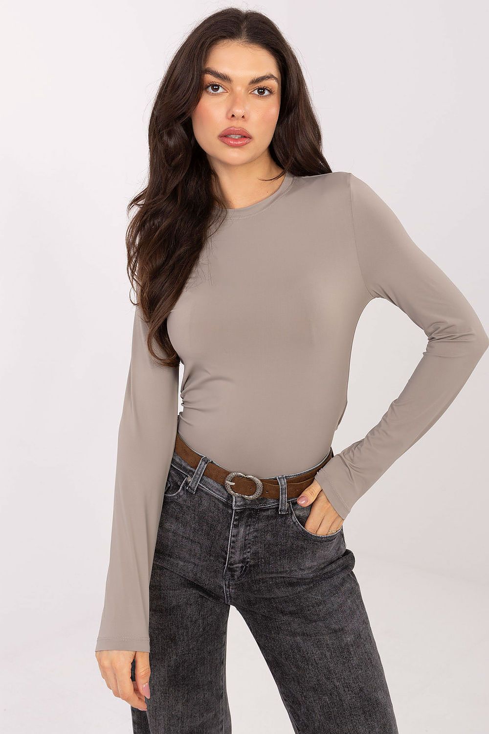 Blusa Mujer Ceñida Manga Larga Cuello Redondo – Beige Piedra | DOMELVA