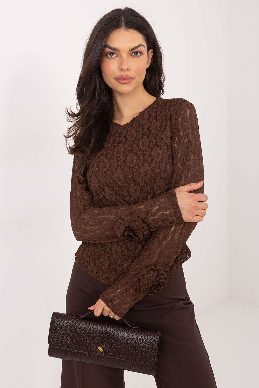 Blusa Mujer Encaje Ajustada Rosas Manga Larga – Marrón Cacao | DOMELVA