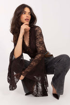 Blusa Mujer Encaje Escote V Manga Larga – Marrón Tabaco – detalle 2 | DOMELVA
