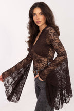 Blusa Mujer Encaje Escote V Manga Larga – Marrón Tabaco – detalle 3 | DOMELVA