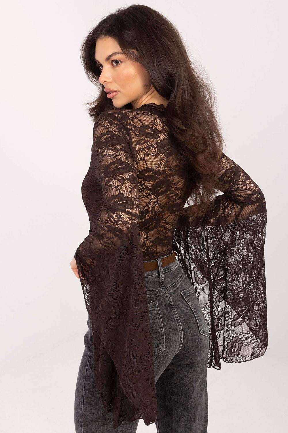 Blusa Mujer Encaje Escote V Manga Larga – Marrón Tabaco – detalle 4 | DOMELVA