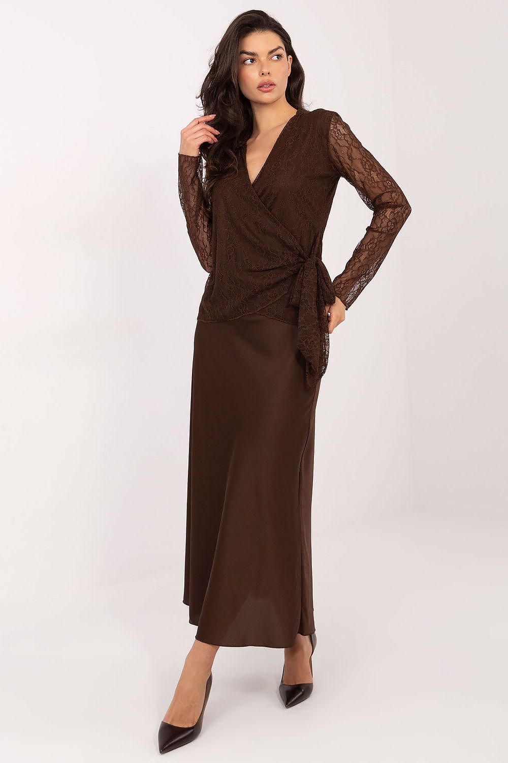 Blusa Mujer Elegante Encaje Lazo – Marrón Chocolate | DOMELVA