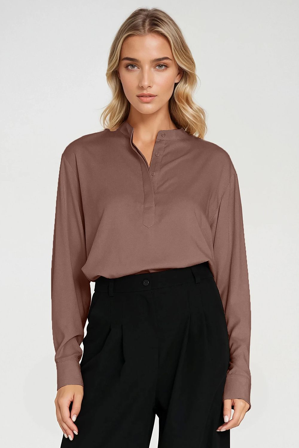 Blusa Mujer Holgada Viscosa Tapeta Oculta – Marrón Visón | DOMELVA