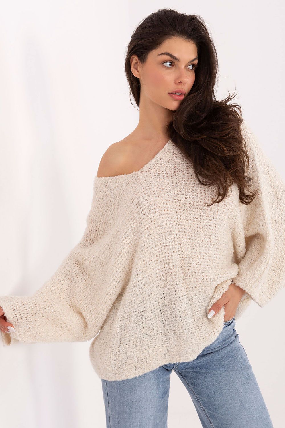 Jersey Mujer Bouclé Escote V – Beige Avena | DOMELVA