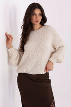 Jersey Mujer Punto Bouclé Cuello Redondo – Beige Crema | DOMELVA