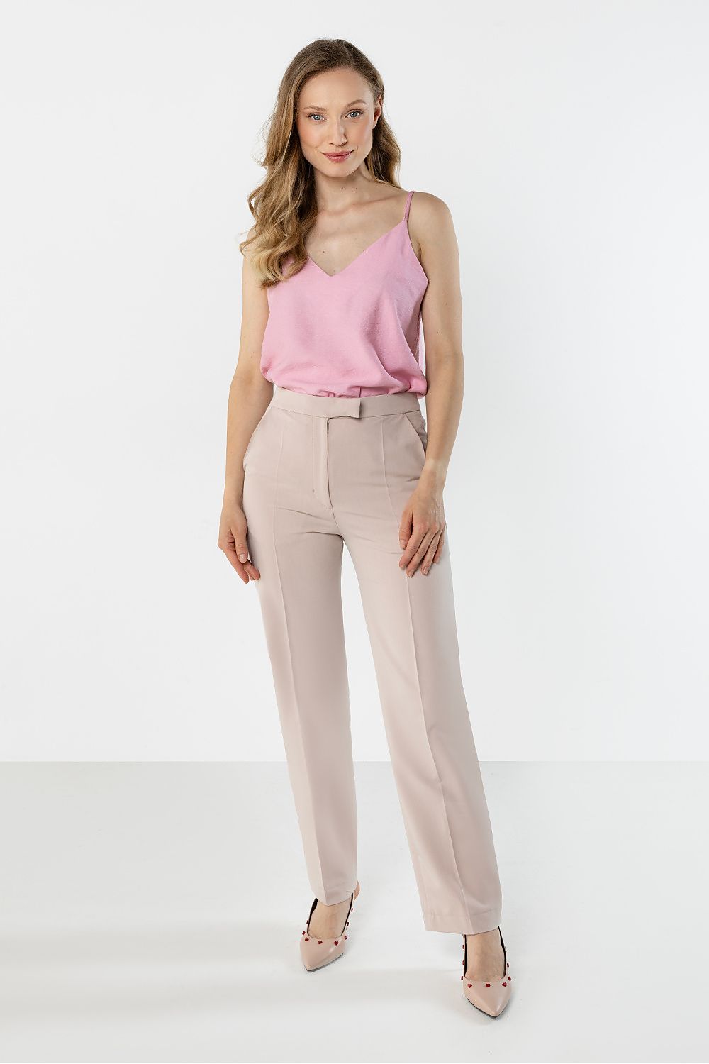 Pantalón Mujer Sastrería Corte Recto Talle Alto – Beige Rosado | DOMELVA