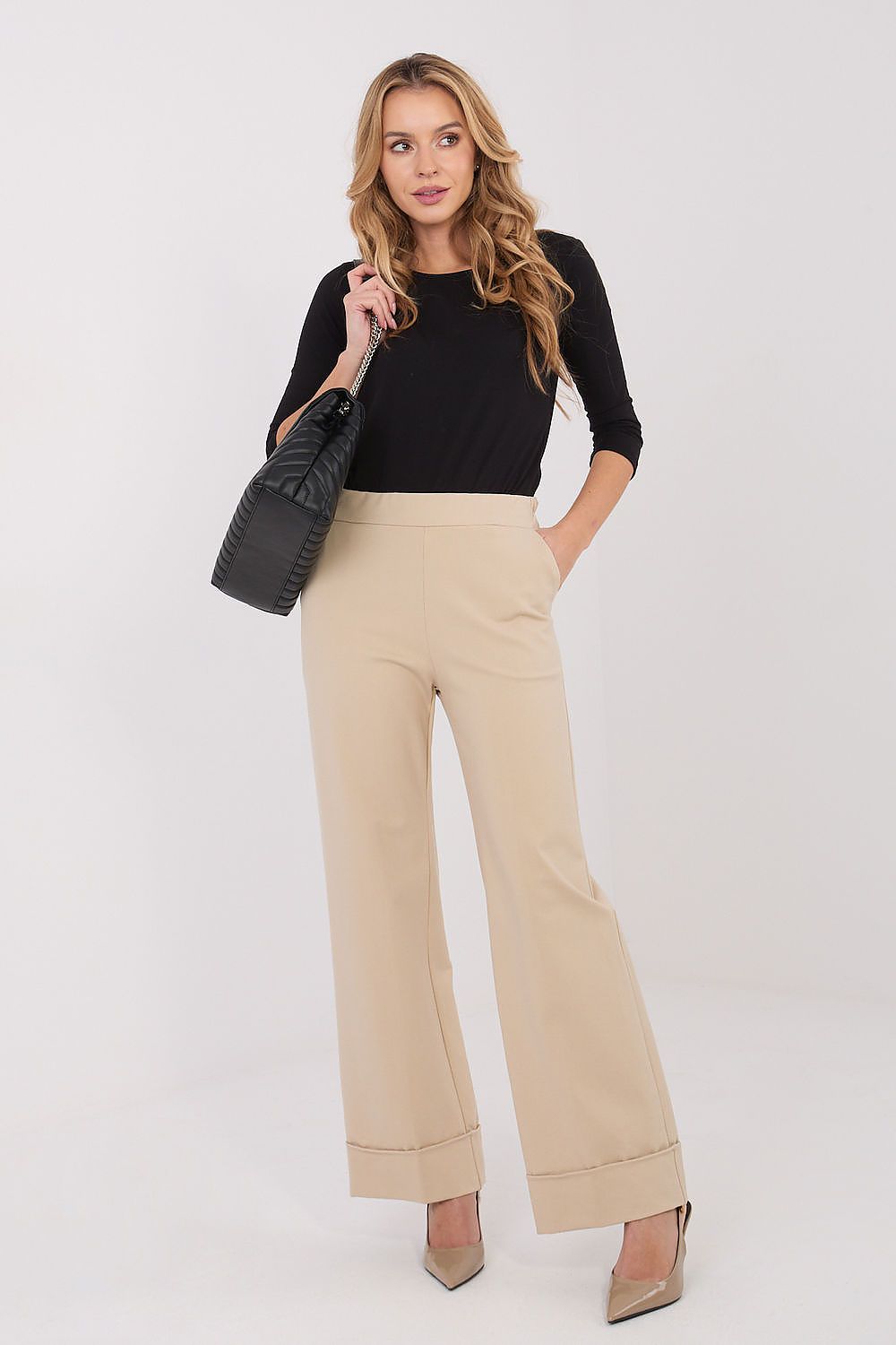 Pantalón Mujer Viscosa Talle Alto Dobladillo Ancho – Beige Avena – detalle 2 | DOMELVA