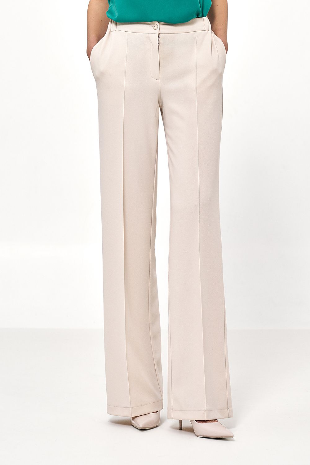 Pantalón Mujer Fluido Talle Alto Pierna Ancha – Beige Piedra | DOMELVA