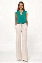 Pantalón Mujer Fluido Talle Alto Pierna Ancha – Beige Piedra – detalle 2 | DOMELVA