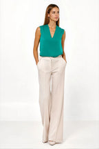 Pantalón Mujer Fluido Talle Alto Pierna Ancha – Beige Piedra – detalle 4 | DOMELVA