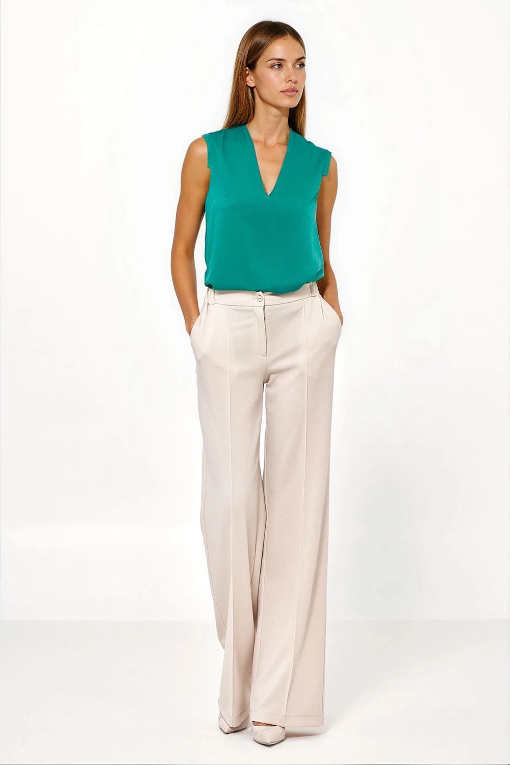 Pantalón Mujer Fluido Talle Alto Pierna Ancha – Beige Piedra – detalle 4 | DOMELVA
