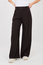 Pantalón Mujer Fluido Talle Alto Pierna Ancha – Marrón Cacao Profundo | DOMELVA