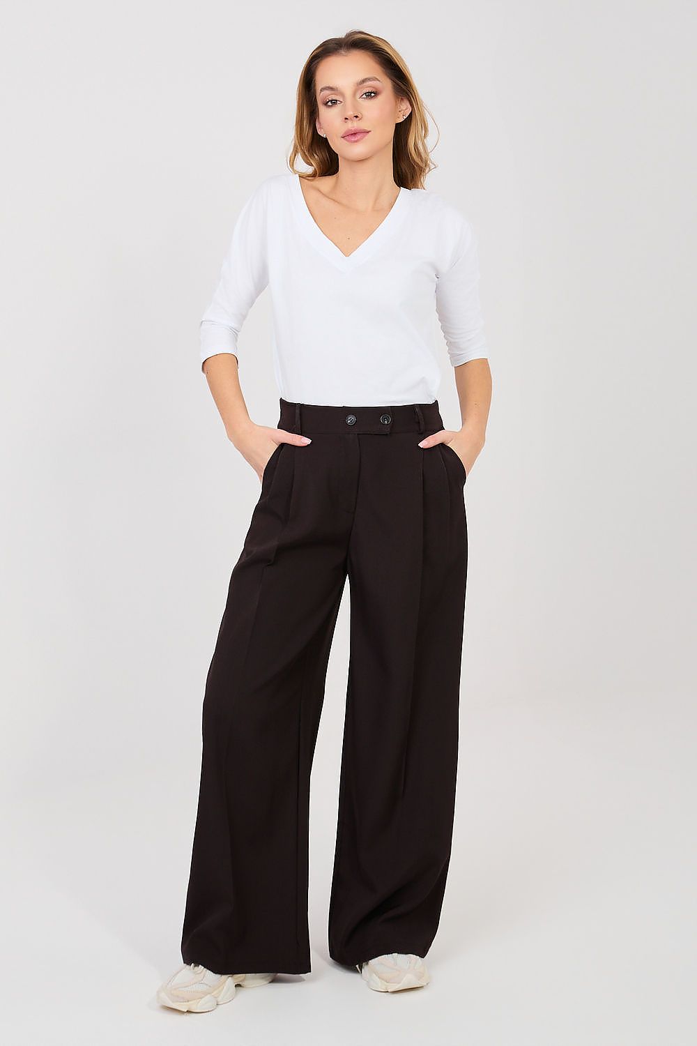 Pantalón Mujer Fluido Talle Alto Pierna Ancha – Marrón Cacao Profundo – detalle 2 | DOMELVA