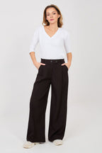 Pantalón Mujer Fluido Talle Alto Pierna Ancha – Marrón Cacao Profundo – detalle 2 | DOMELVA